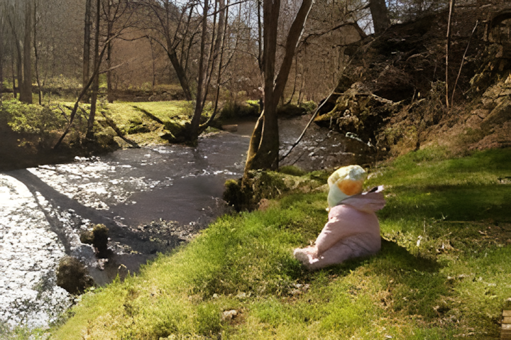 Bébé assis sur l'herbe au bord d'une rivière, illustrant les activités motrices et sensorielles nature.
