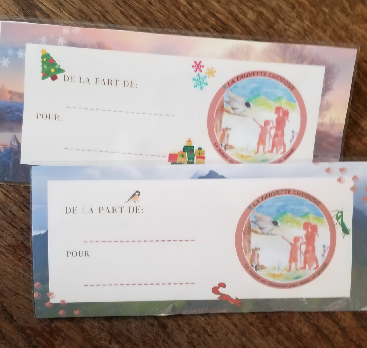Bon cadeau nature à remplir (De la part de / Pour) personnalisable pour Noël ou anniversaire.