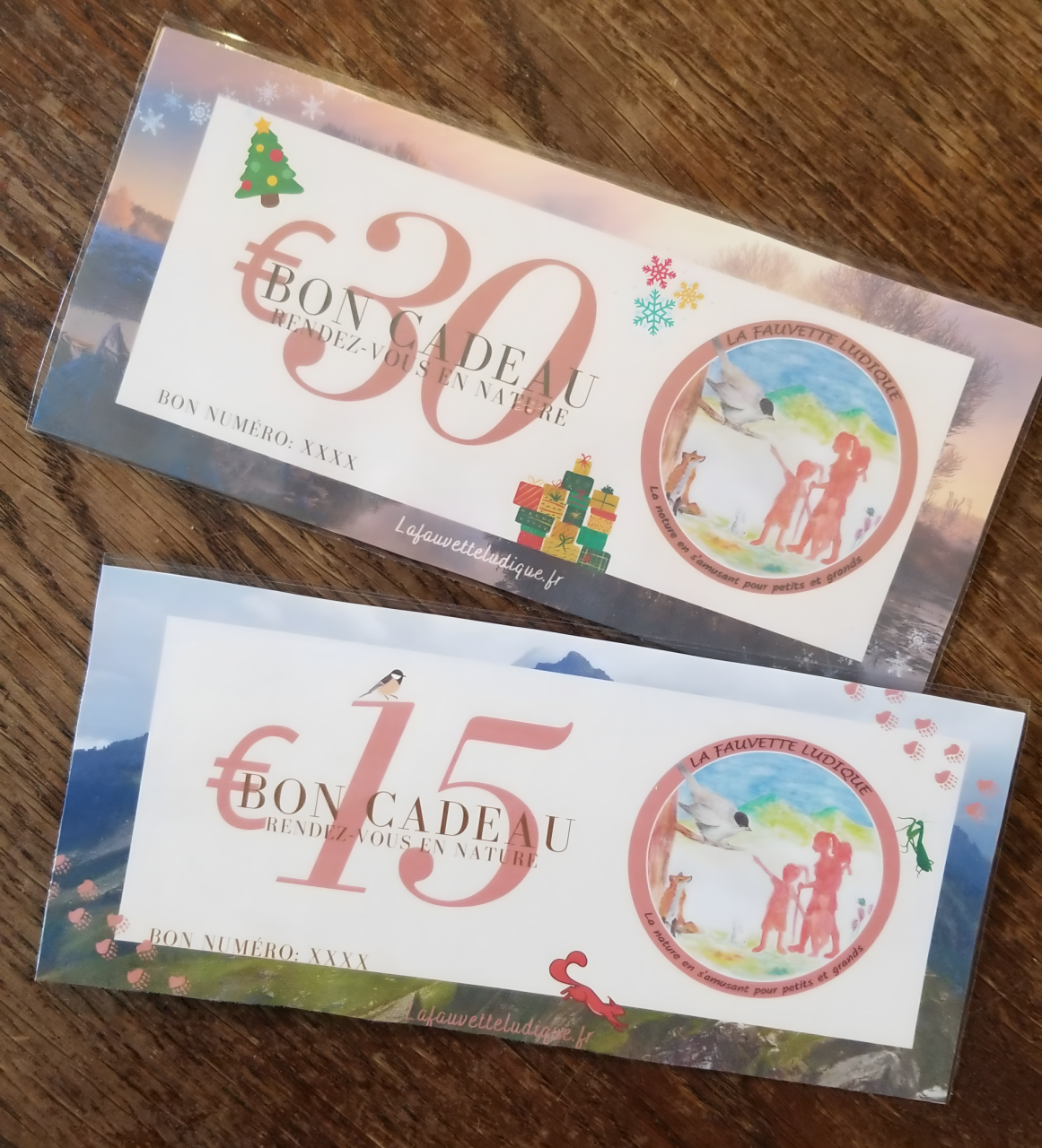 Bons cadeaux La Fauvette Ludique de 15€ et 30€, idée cadeau anniversaire ou Noël pour un rendez-vous en nature.