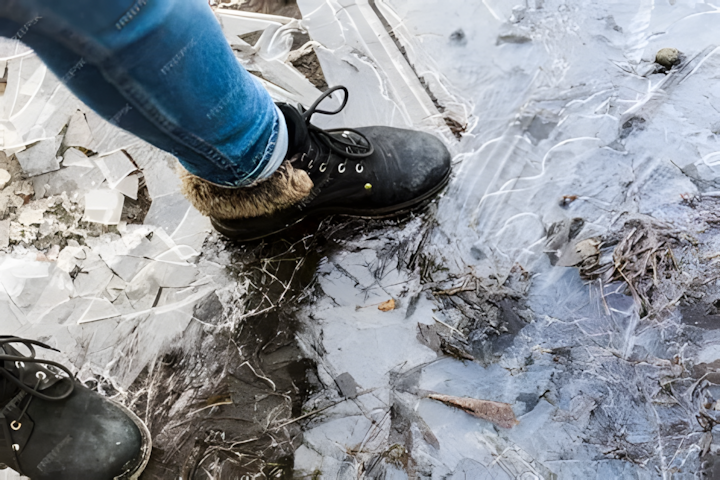 marcher sur une flaque gelée lors d'activités nature hiver