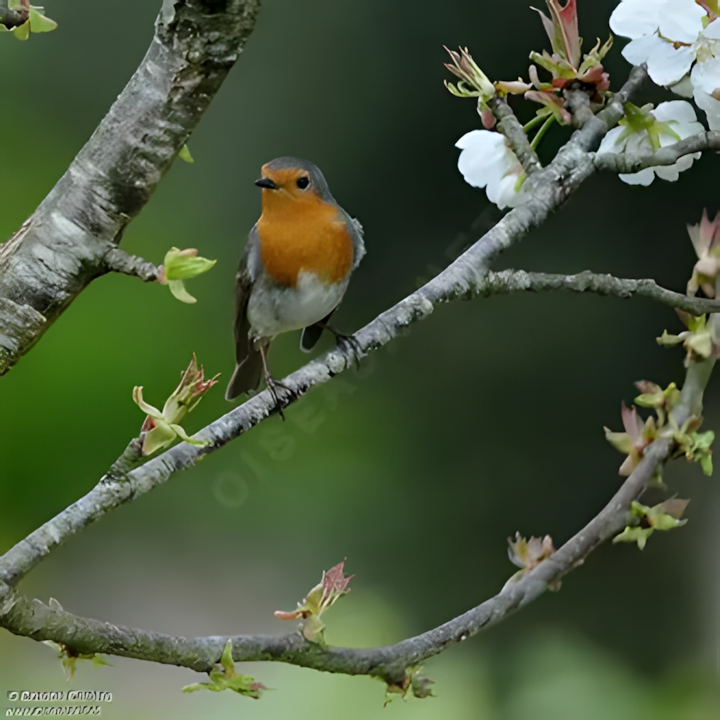 rouge-gorge familier perché sur une branche fleurie au printemps