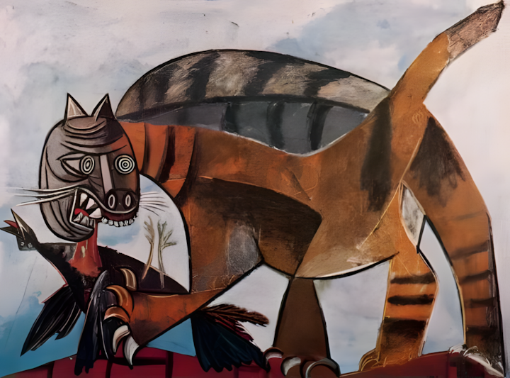 Tableau "Chat dévorant un oiseau" de Pablo Picasso, support pour un atelier Dessin sur les représentations animales au Collège.